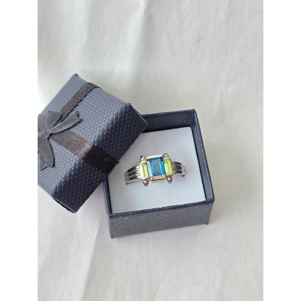 Sterling Silver 925 Blue Topaz Green Peridot Emerald Cut Gemstone Ring Size 10.5